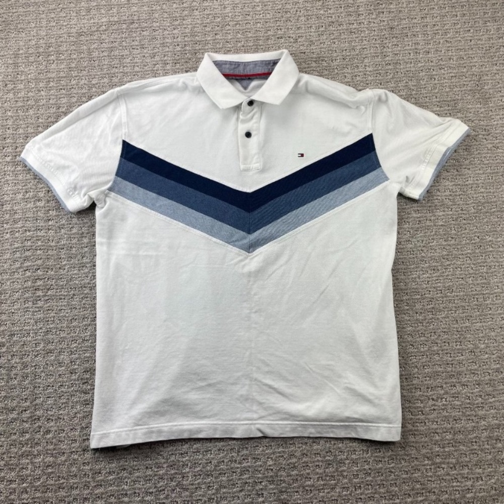 Tommy Hilfiger Polo Shirt Men Extra Large XL White Blue V Striped Golf Casual